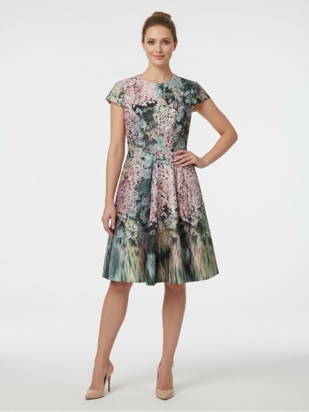 Ted Baker London DIXEE Glitch Floral Fit-and-Flare Midi Dress in Pink and Green